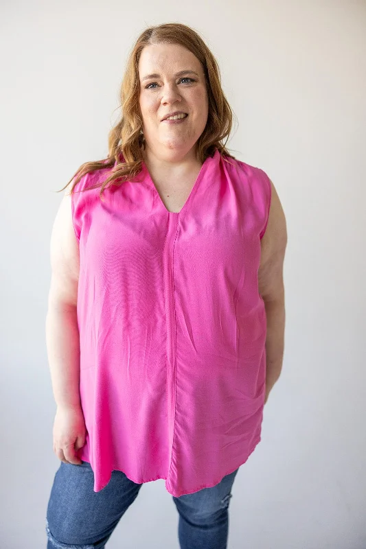 women's tops with beading accentsV-NECK FLOWY TANK BLOUSE WITH RUCHED SHOULDER IN FRESH FUCHSIA