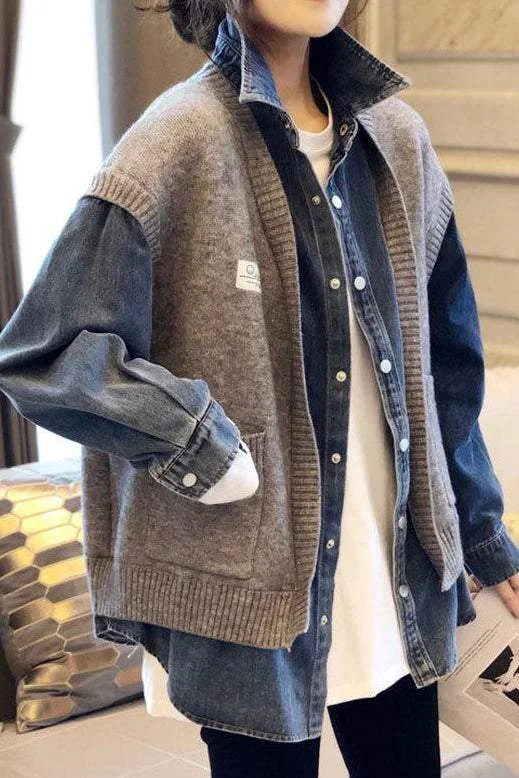 Layered-Look Knit and Denim Jacket