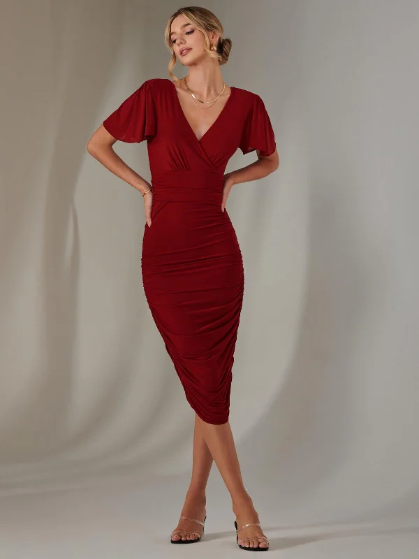 women's maxi dressesPlain Angel Sleeve Ruched Bodycon Dress, Dark Red