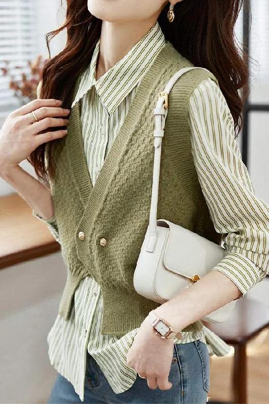 women's tops with cold-shoulder cuts and lace detailingElegant striped shirt and waistcoat two-piece set