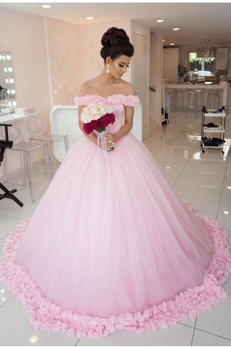 Wedding DressBall Gown Off shoulder Pink Tulle Flowers Wedding Dress,Pink Quinceanera Dresses OK224