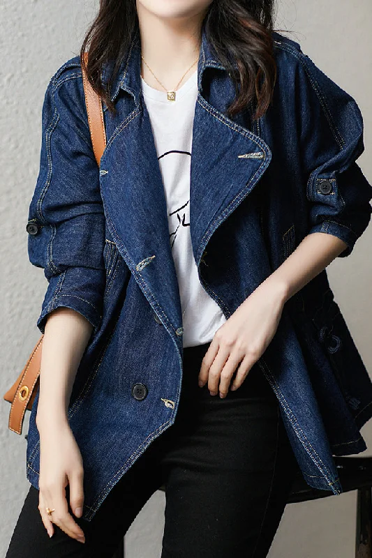 Lapel Collar Drawstring Denim Jacket