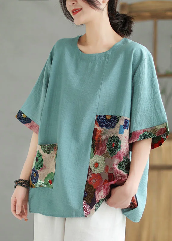 women's tops with sheer overlaysLake Blue Print Patchwork Linen T Shirt Top O Neck Summer