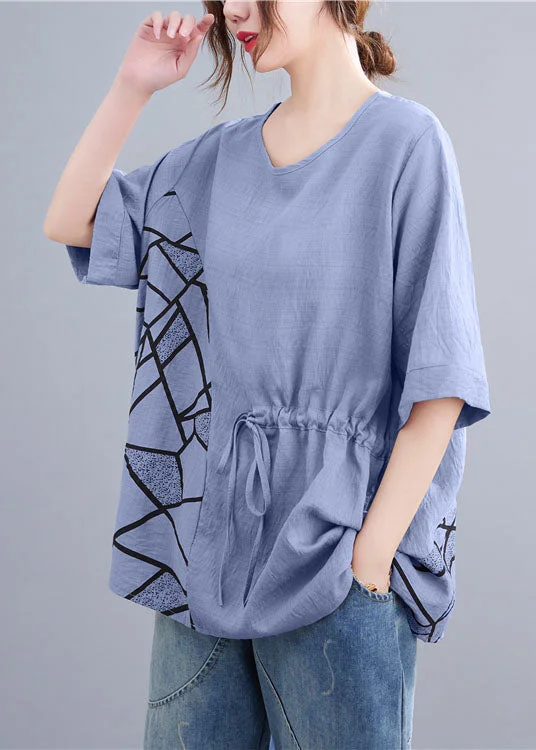 women's tops for those who want to create outfits that are both trendy and timelessBaby Blue Print Patchwork Cotton T Shirt Tops O Neck Summer