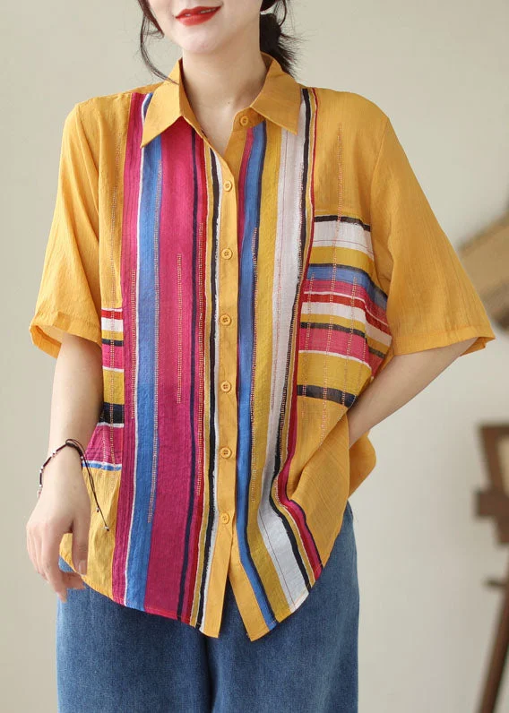 women's tops with sequin embellishmentsDIY Yellow Striped Zircon Patchwork Cotton Shirts Tops Summer