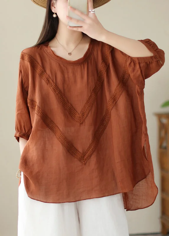 tank tops for womenOrganic Brick Red Oversized Lace Patchwork Linen Top Summer