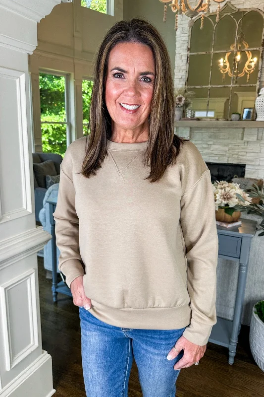 women's tops for those who want to elevate their everyday wear with chic and elegant piecesThe Malibu Buttery Soft Sweatshirt in Khaki