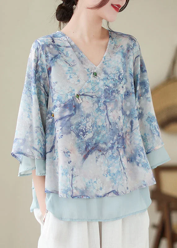 women's tops with geometric patternsBoutique Blue Print Chinese Button Patchwork Chiffon Top Summer