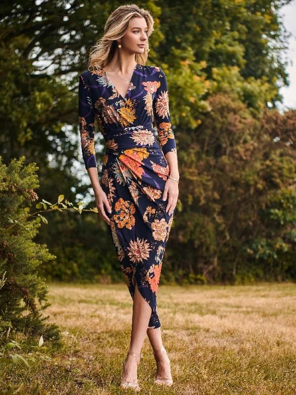 Velvet DressLong Sleeve Wrap Front Bodycon Dress, Navy Orange Floral