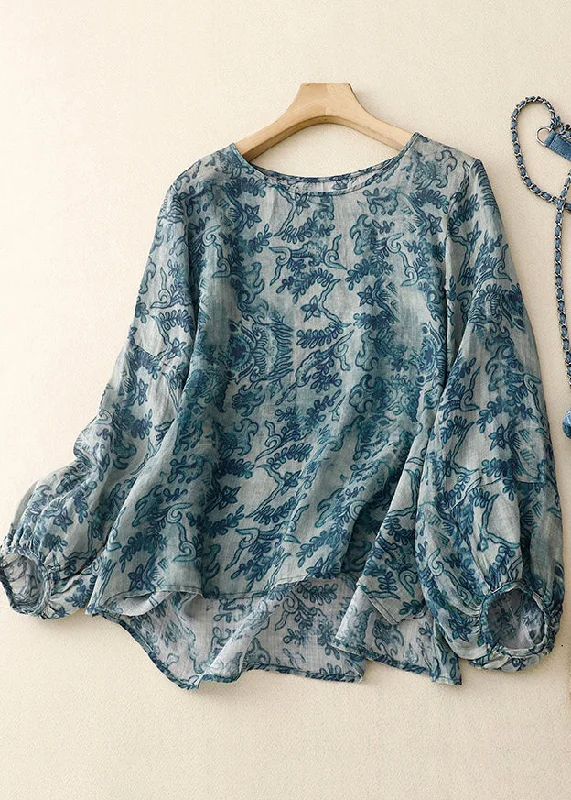 women's tops with cinched waistsSimple Blue Oversized Print Linen Shirt Tops Lantern Sleeve