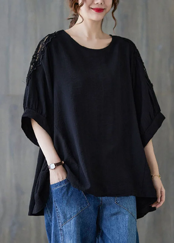 women's tops for those who love to mix and match prints and patternsBlack Lace Patchwork Cotton T Shirt Top Asymmetrical Summer