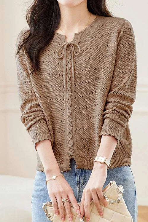 women's tops with asymmetrical designsHollowed-out round-neck knitted shirt