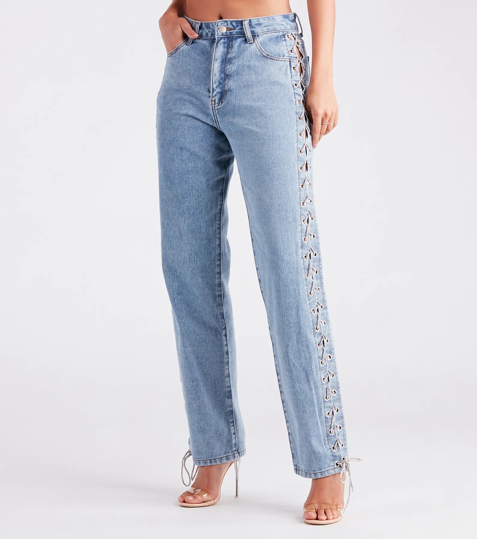 women's denim jeans for a day at the beachGlam Icon Rhinestone Lace-Up Jeans