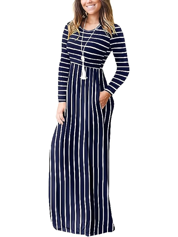 women's statement dressesFall/Winter Chic: Cozy Geometric High-Waist Maxi Dress with Crew Neck, Long Sleeves - Durable & Easy-Care, Perfect for Daily Wear