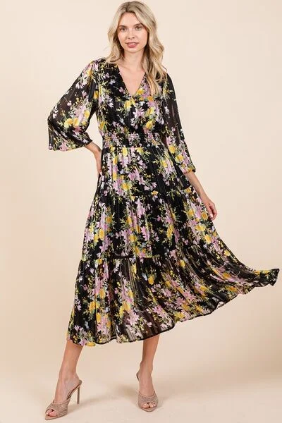 Designer DressMittoshop Flower Print Satin Lurex Stripe Smocked Midi Dress