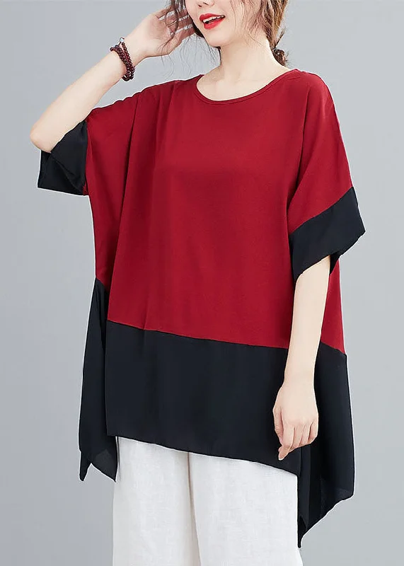 women's tops for mixing and matching with different bottomsRed Patchwork Chiffon T Shirts Top Asymmetrical Summer