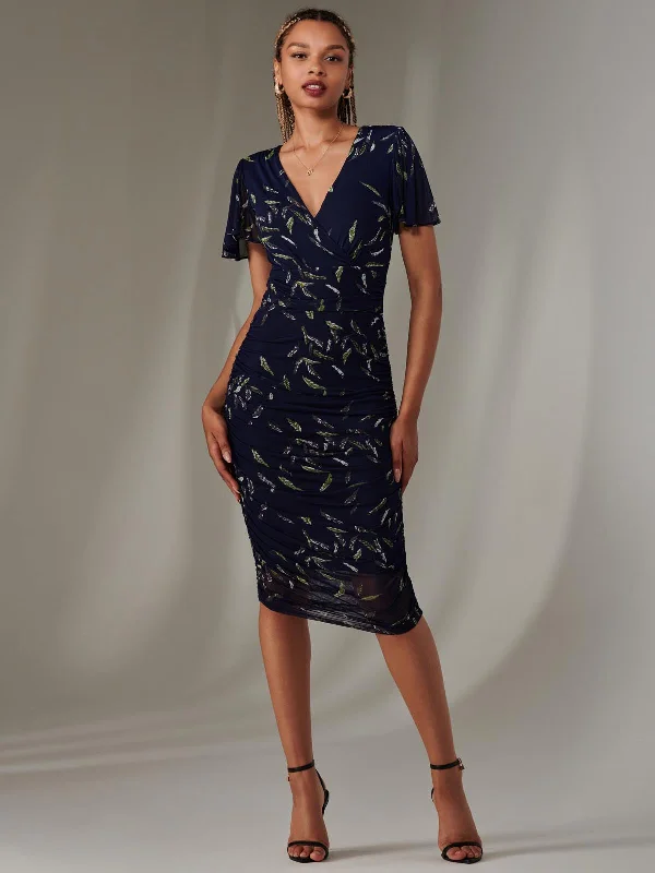 Ruffle DressAngel Sleeve Ruched Bodycon Dress, Navy Leafy