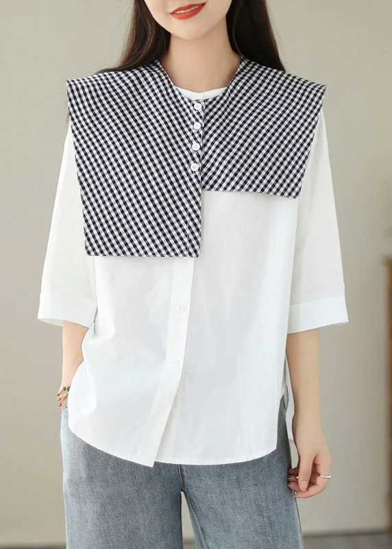 women's tops with geometric patternsOrganic White Plaid Button Shawl And Shirts Two Pieces Set Summer