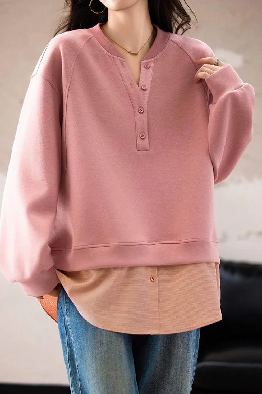 women's tops that offer a perfect blend of style, comfort, and affordabilityPink V-neck Faux Layered Sweatshirt