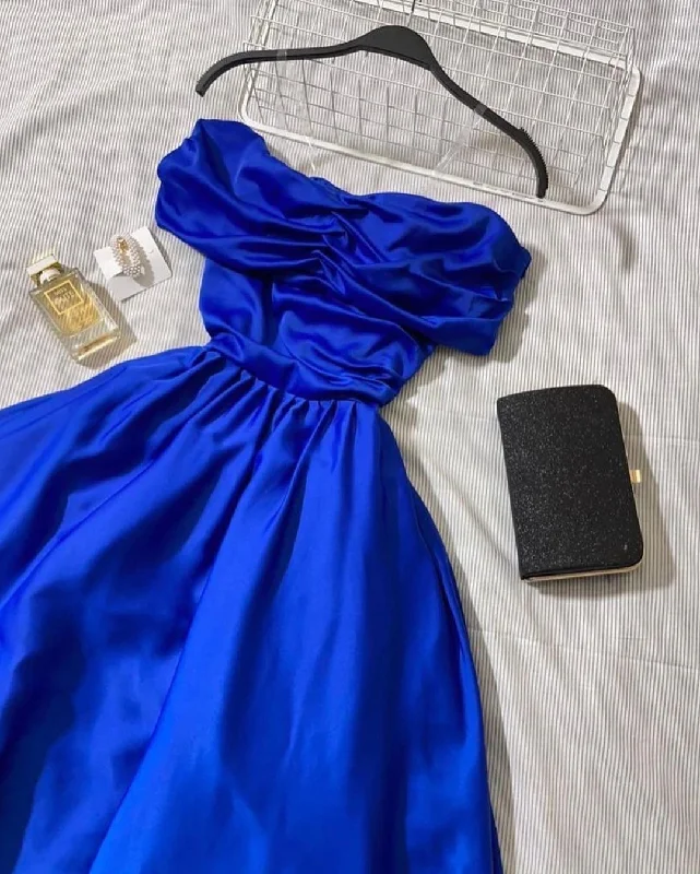 Button-Down DressRoyal Blue Strapless Satin Long Prom Dress,Royal Blue Evening Dress,Y2539