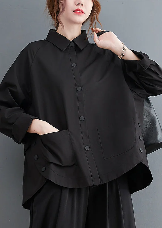 elegant women's topsBlack Patchwork Cotton Shirt Top Oversized Pockets Fall