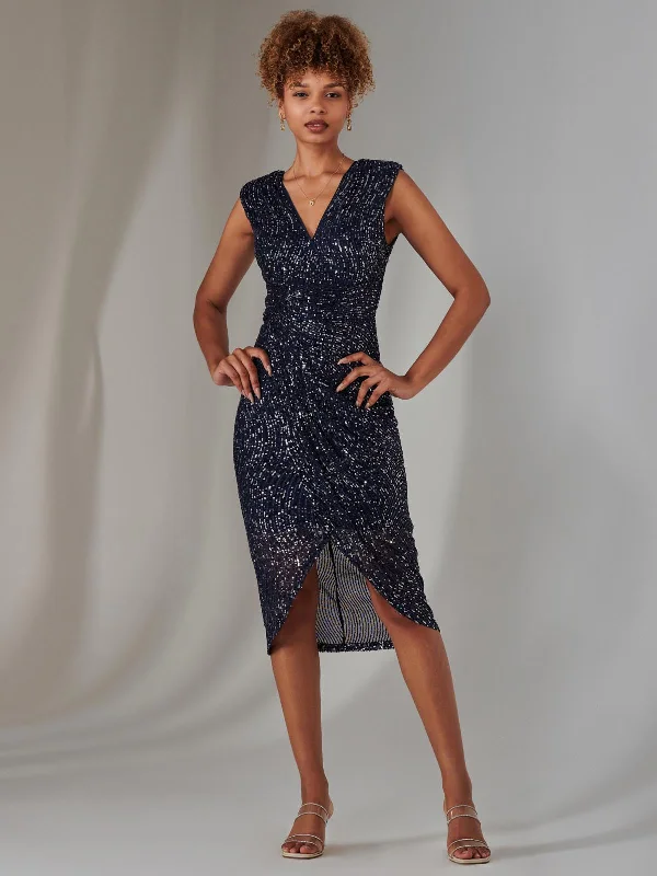 Halter DressAisla Ruched Sequin Bodycon Dress, Navy Silver