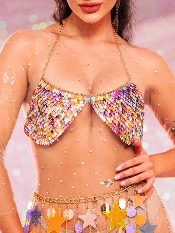 Beige Cotton BrasSparkly Bra - Metal Chain Colorful Sequin Halter Bra