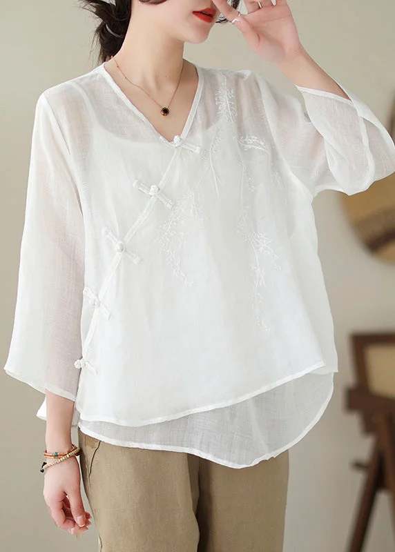 women's tops with lace-up frontsArt White Asymmetrical Embroideried Chinese Button Linen Shirt Tops Summer