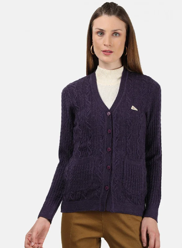 Affordable Women's SweatersWomen Purple Self Cardigan