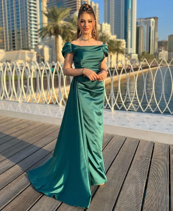 women's versatile dressesOff Shoulder Satin Long Evening Prom Dresses, Custom Prom Dresses Y5523