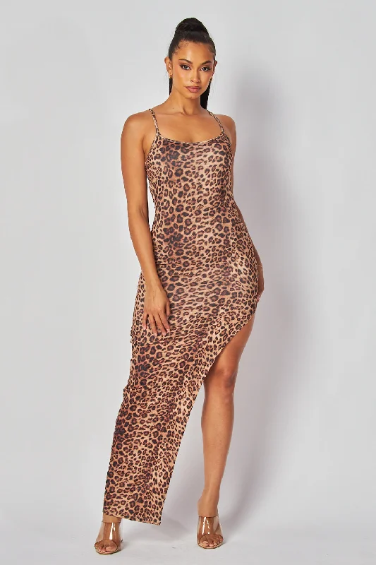 women's one-shoulder dressesLizzie Leopard Print Thigh Slit Bodycon Maxi Dress