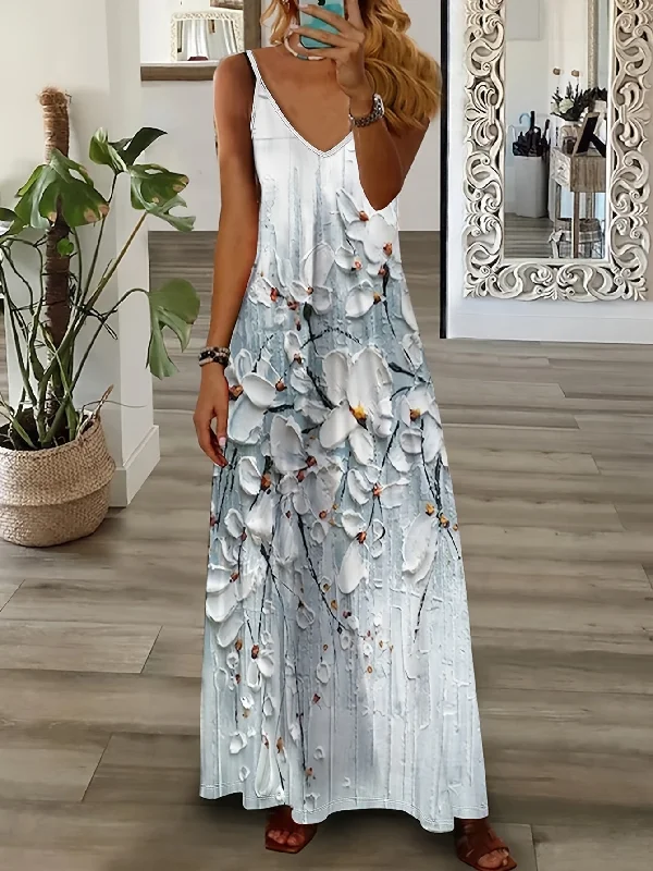 women's velvet dressesIKEARLAX Boho Chic Sleeveless Maxi Dress - Breezy Floral V-Neck Design with Adjustable Straps for Summer Elegance