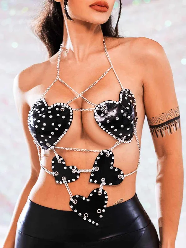 Yoga BrasBlack Bra With Rhinestones - Metal Chain Crystal Heart Bra