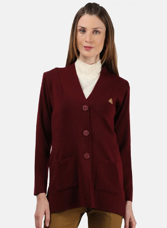 Plus-Size Flannel SweatersWomen Maroon Solid Cardigan