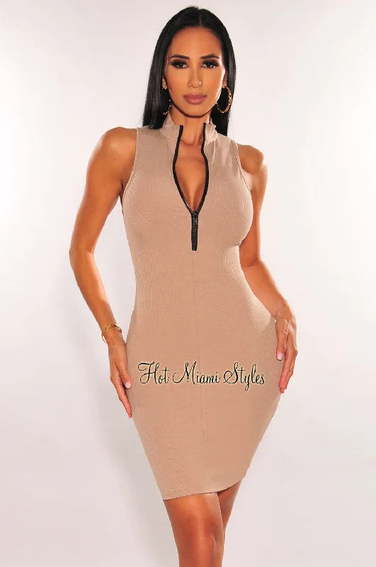 women's pastel dressesTaupe Ribbed Zipper Sleeveless Bodycon Dress