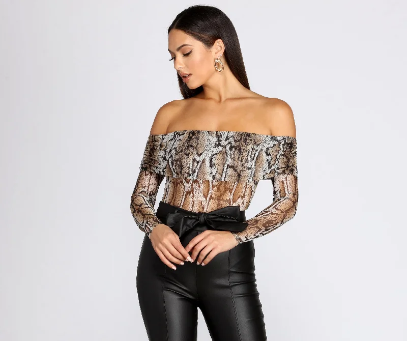 women's tops for minimalist aestheticsForever Fierce Mesh Off Shoulder Bodysuit