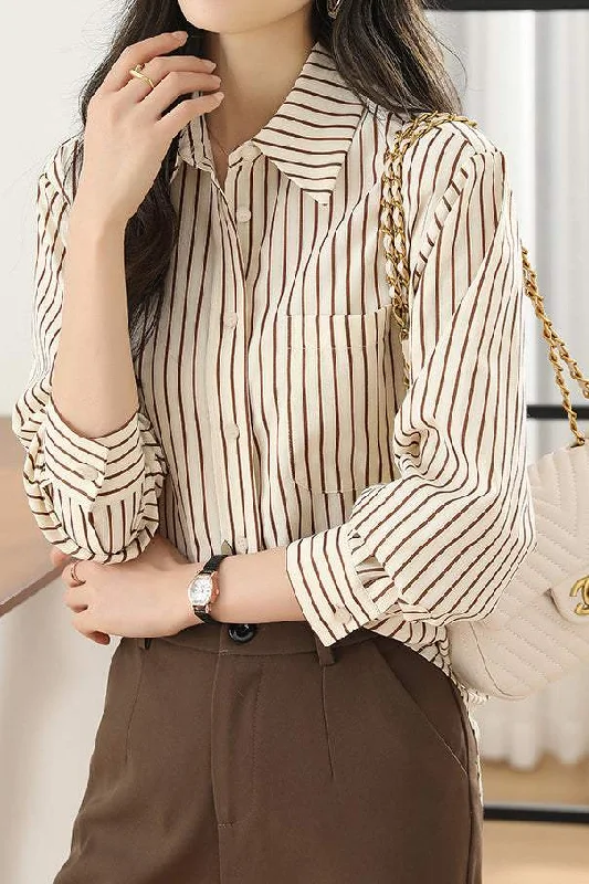 women's tops for evening soireesBasic Shirt Collar Striped Bi-Color Shirt