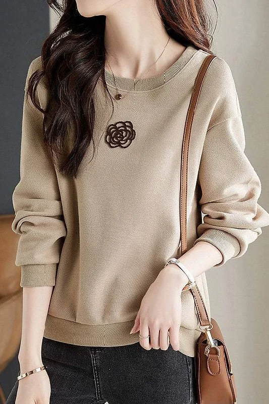 women's tops for business casual attireRound Neck Drop Shoulder Camellia Embroidered Sweatshirt