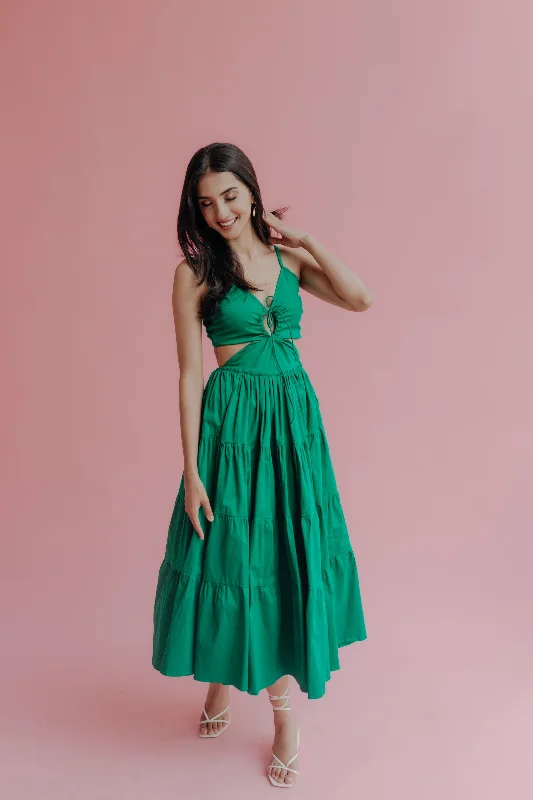 Spaghetti Strap DressLydia Forest Green Cut-Out Tiered Maxi Dress