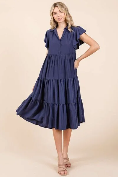 Tall Women DressMittoshop Ruffle Sleeve Collared V Neck Tiered Midi Dress