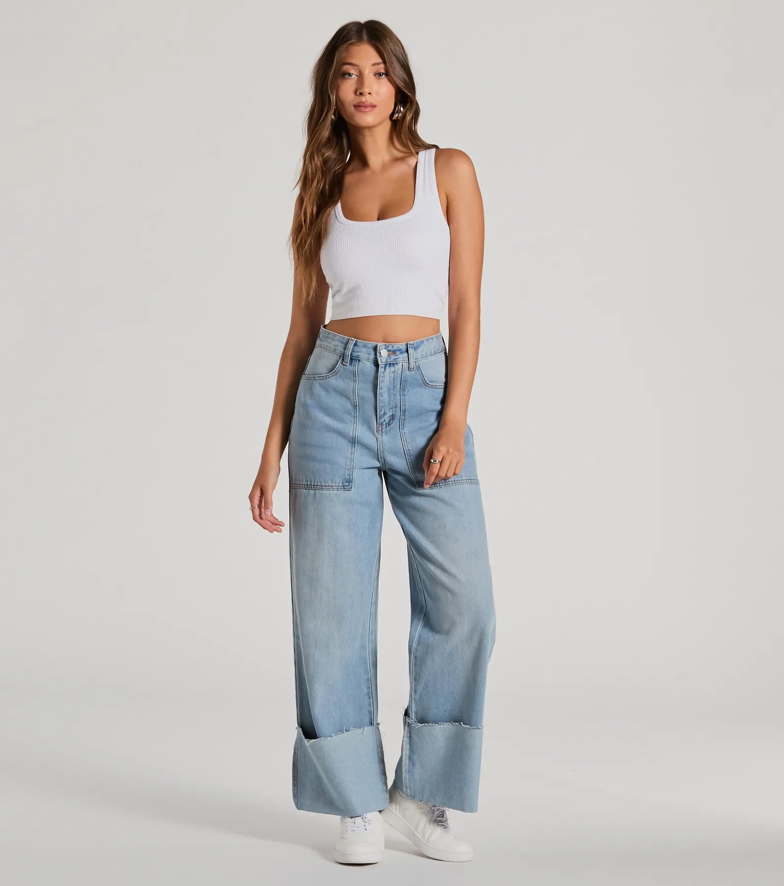 women's denim jeans with zipper-fly closureIn The Details High-Rise Wide-Leg Cuffed Denim Jeans