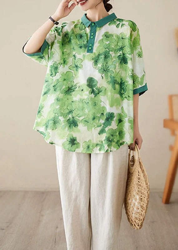 women's tops with sleeveless designsGreen Print Patchwork Cotton Shirt Top Peter Pan Collar Summer