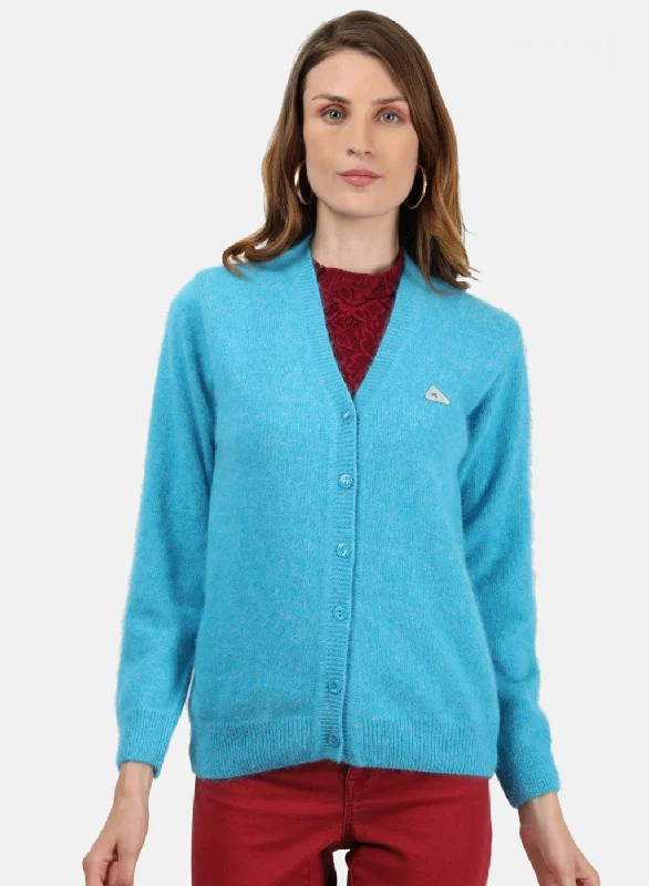 Thick Turtle-Neck Wool SweatersWomen Blue Solid Cardigan