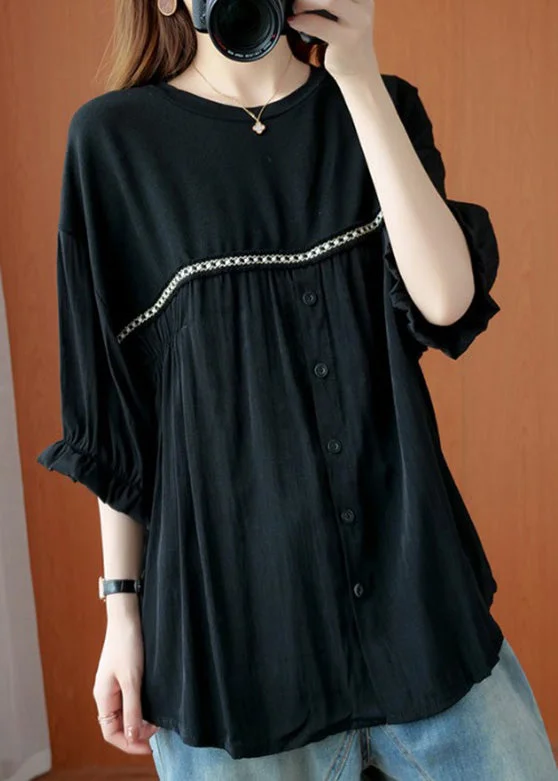 women's tops for fashion-forward individualsModern Black Patchwork Button Chiffon T Shirt Summer