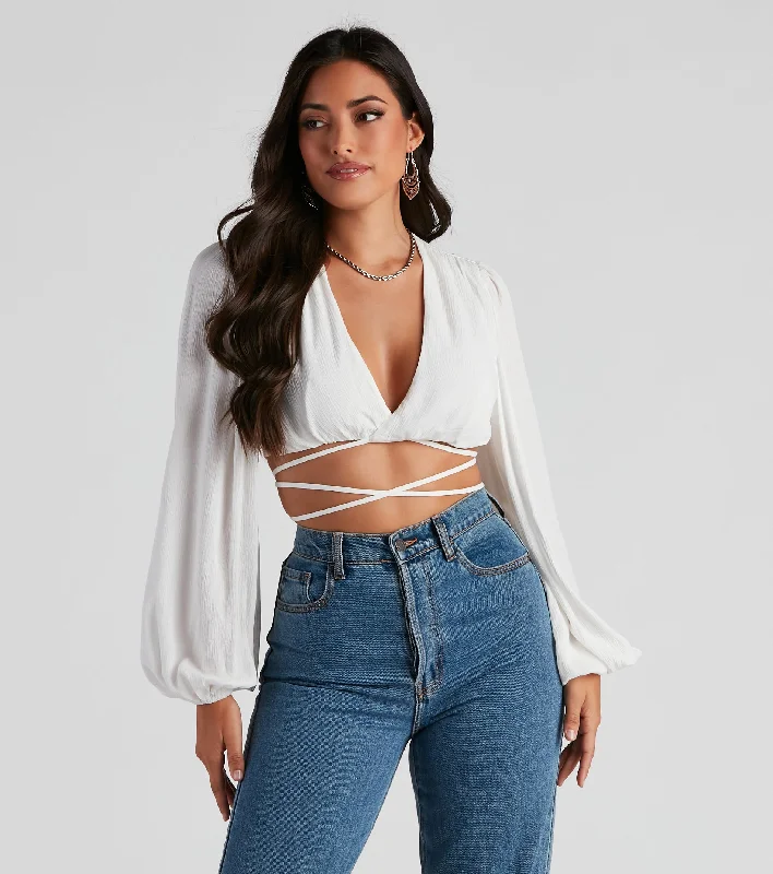 women's tops for those who want to add a touch of sophistication to their casual attireHeat Wave Gauze Wrap Tie Crop Top