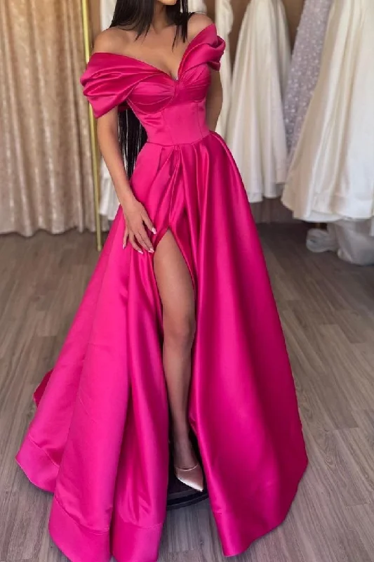 Neon DressGlamorous Off The Shoulder Split A-Line Prom Dresses Y5485