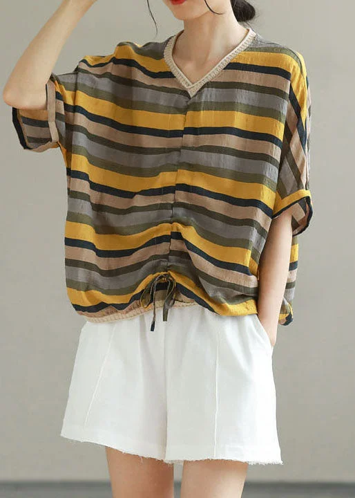 women's tops for those who prefer classic over trendy stylesYellow Striped Patchwork Cotton T Shirt Top V Neck Summer