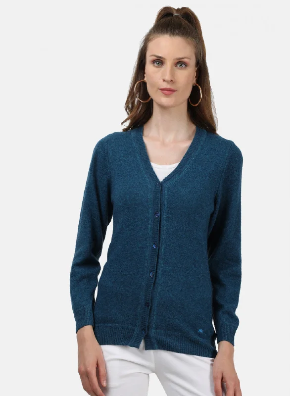 Oversized Patterned Cashmere SweatersWomen Blue Solid Cardigan