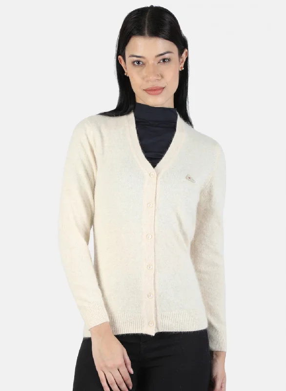 Embellished SweatersWomen Cream Solid Cardigan