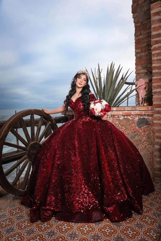 women's stretchy dressesOff The Shoulder Burgundy Sequins Ball Gown,Sweet 16 Dress,Quinceanera Dress  Y2203